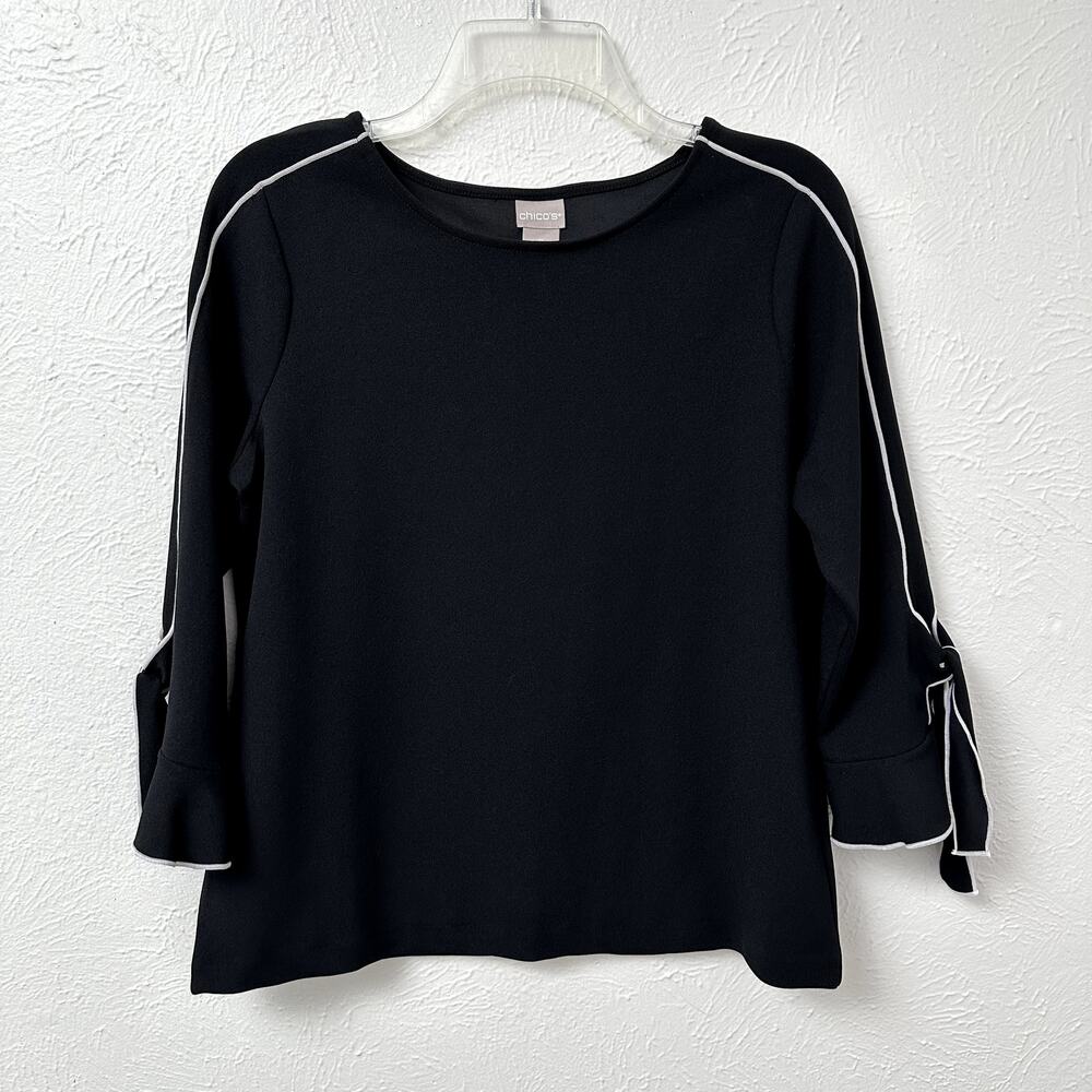 Chico's Chic Black Blouse with White Accent, Tie Sleeves